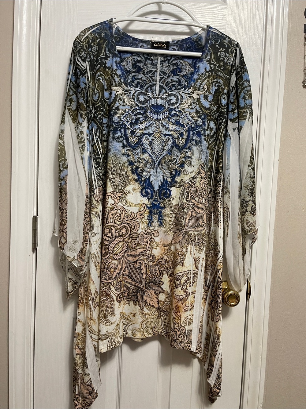 Paisley Print Embellished Tunic Top in Blue and Cream